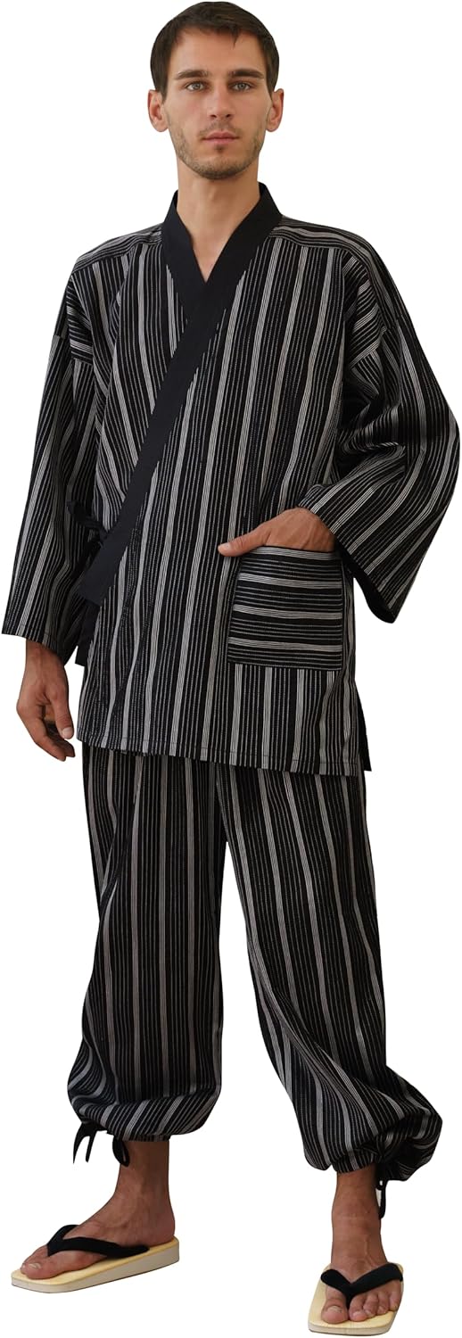 Samue jacket and trousers displayed on a wooden bench